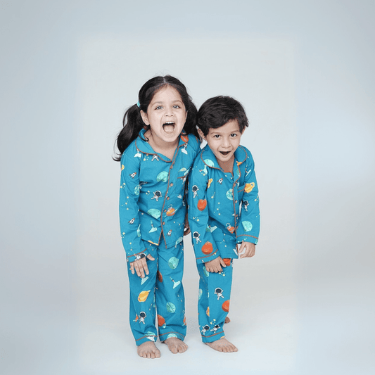 100% Cotton Cosmic Cuddles Kids Collar Night Suit Set