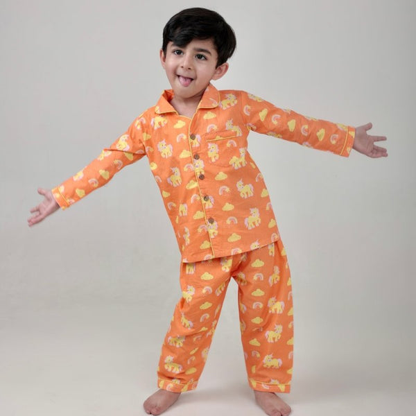 100% Cotton Rainbow Riders Kids Collar Night Suit Set